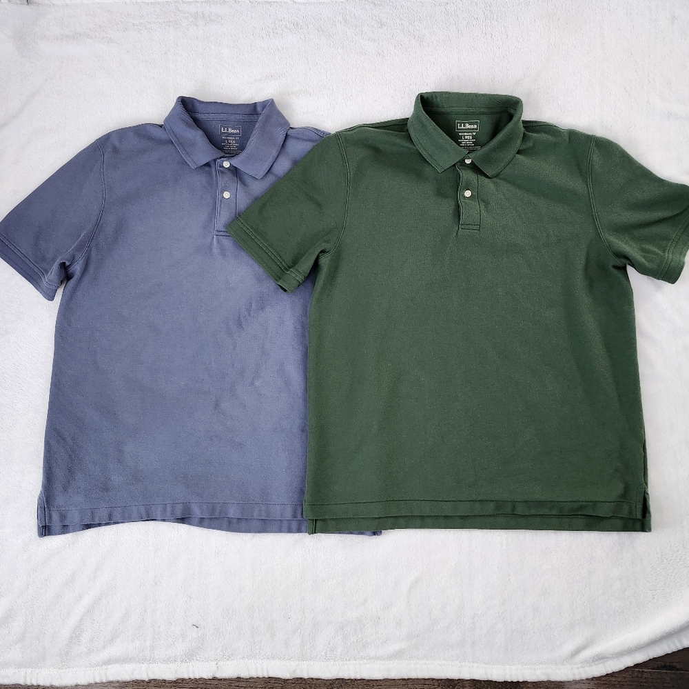 Set of 2 L.L. BEAN Men's Classic Fit Cotton Polo Shirt in Blue‎ Green Size Large